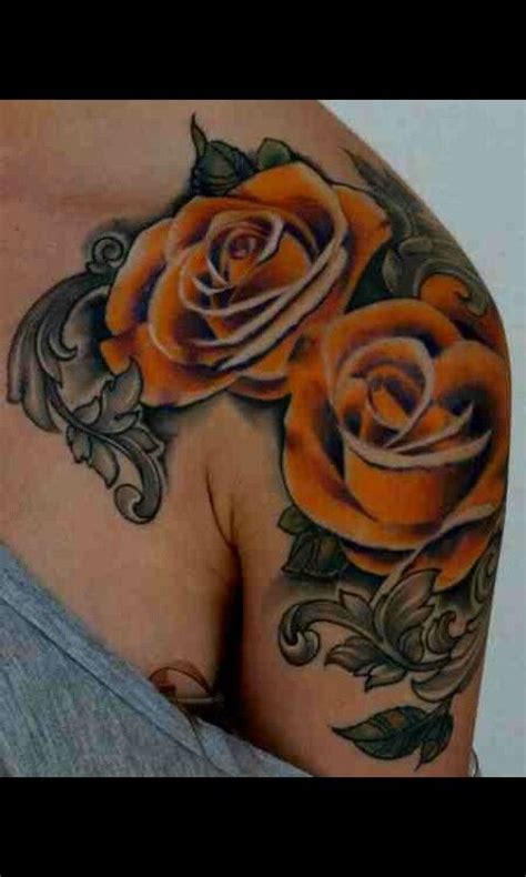 Orange roses my fave | Yellow rose tattoos, Rose shoulder tattoo, Front shoulder tattoos