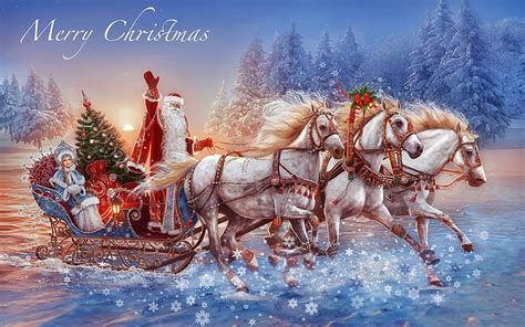 Santa’s Three Horse Sleigh, sleigh, holiday, christmas, Merry Christmas, Santa, HD wallpaper ...