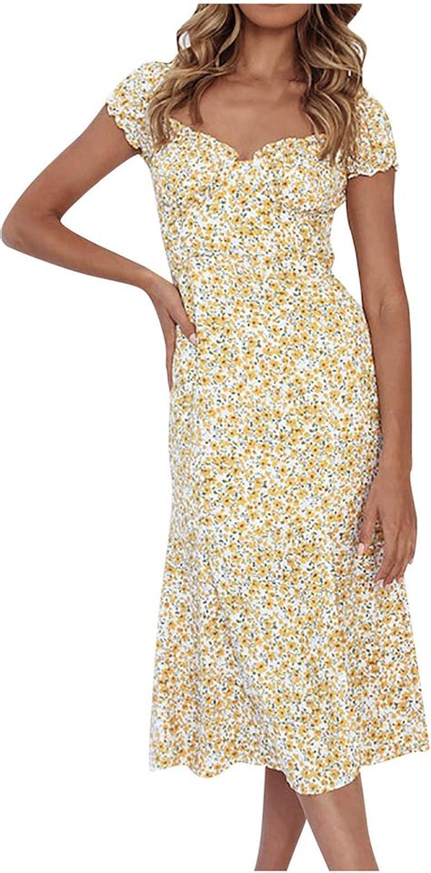 Womens Dresses New Summer 2022 Short-Sleeved Printed Hedging Casual Dress Yellow: Amazon.ca ...