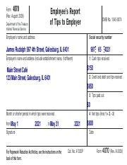 Form 4070.pdf - Form 4070 Rev. August 2005 Employee’s Report of Tips to Employer Department of ...