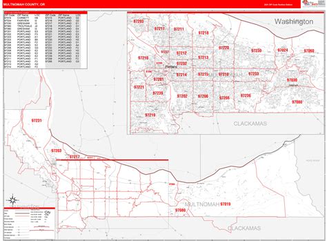 Multnomah County, OR Zip Code Wall Map Red Line Style by MarketMAPS - MapSales