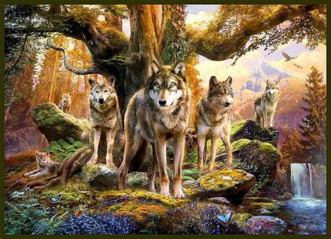 Wolfpack, family, tree, predators, painting, waterfall, wolves, artwork ...