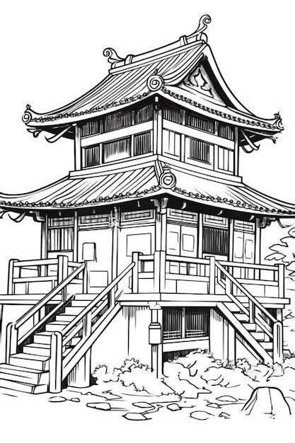 Premium AI Image | a drawing of a japanese house with stairs and a roof ...