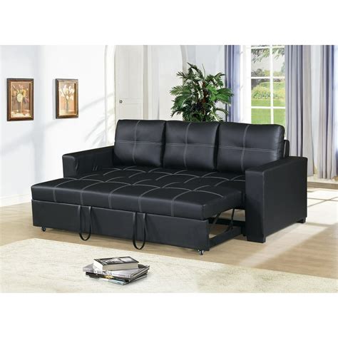 Modern Convertible Sofa Black Faux Leather Square Shape Stitching Sofa w Pull Out Bed Comfort ...