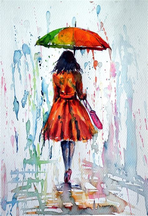 Colorful rain (2017) Watercolour by Kovács Anna Brigitta | Umbrella art, Poster color painting ...