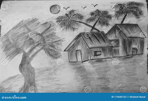 Indian Village Scene with Houses and Trees Stock Illustration - Illustration of classic, sketch ...