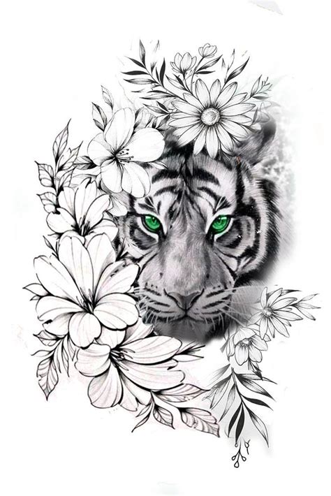 a tiger with green eyes surrounded by flowers