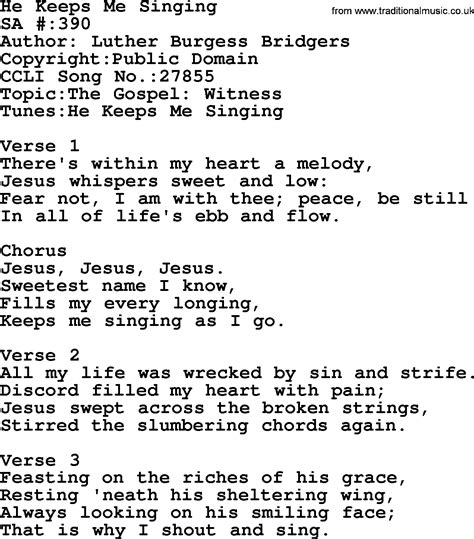 Salvation Army Hymnal Song: He Keeps Me Singing, with Lyrics and PDF