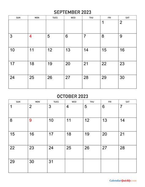 September October Printable Calendar