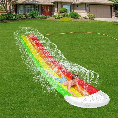 Lawn Water Slides Rainbow Slip Slide with Splash Sprinkler and Crash Pad for Kids Backyard ...