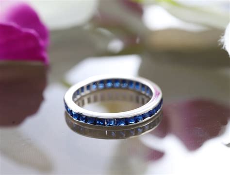 Full Eternity Band, Blue Sapphire Diamond Engagement Wedding Band, Channel Setting Minimalist ...