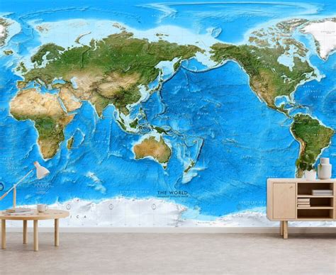 Giant world map wall mural removable wallpaper map of the world huge peel stick map aqua marine ...