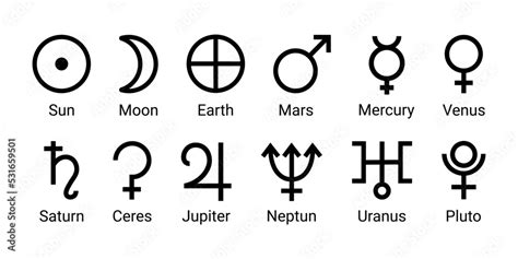 Vecteur Stock Set astrology and astronomy planet symbols. Outline icons, isolated on white ...