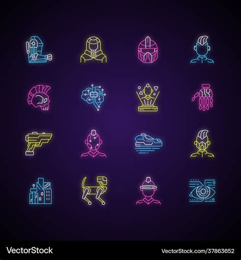 Cyberpunk neon light icons set Royalty Free Vector Image