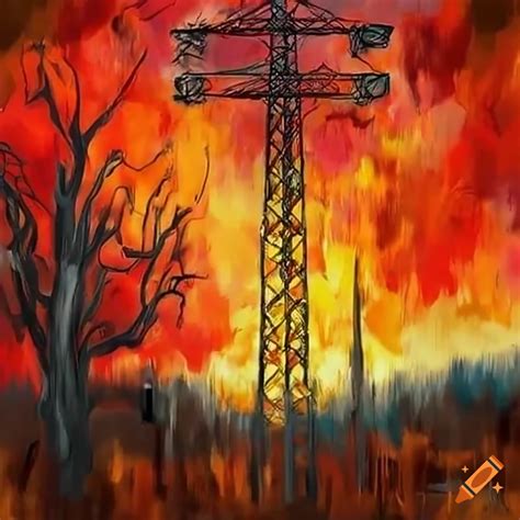 Image of a bushfire near an electricity power pole
