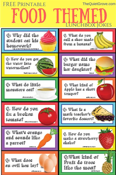 Food themed Printable Lunchbox Jokes and Notes for Kids! ⋆ The Quiet Grove