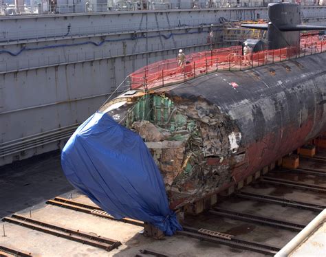 Damage to USS San Francisco (SSN-711) after ramming and undersea ...