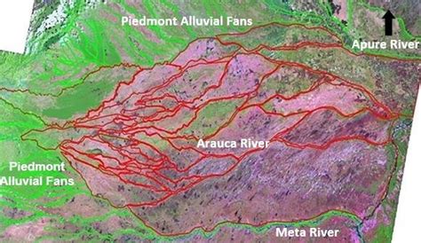 Sediment lobes in the watershed of the Arauca river, in red Landsat ...