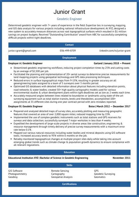 Geodetic Engineer Resume (CV) Example and Writing Guide