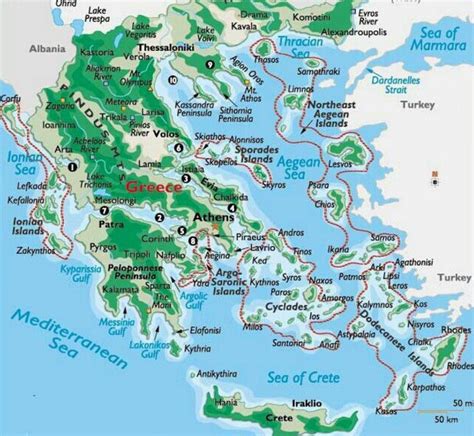 A detailed Map of Greece, showing main Greek Islands, villages, regions ...