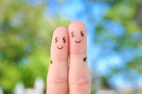 Fingers art of happy couple. Concept of man and woman having dollar sign instead of eyes ...