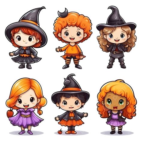 Vector Set Of Halloween Kids Characters Color Cartoon Stickers With ...