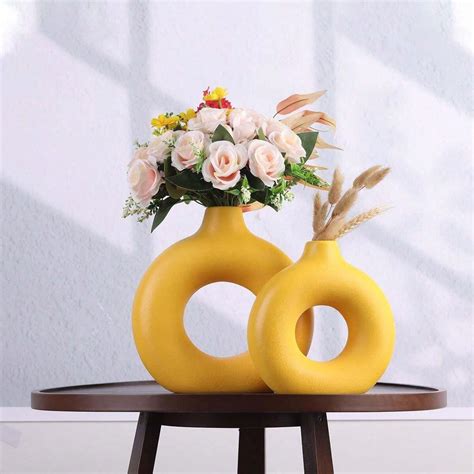 Yellow Ceramic Vase Set Of 2 - Yellow Vase Set For Home Decor, Round Boho Vase For Pampas Grass ...