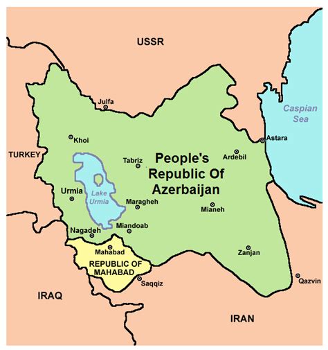 Map of the short lived Republic of Mahabad alongside the People's Republic of Azerbaijan ...