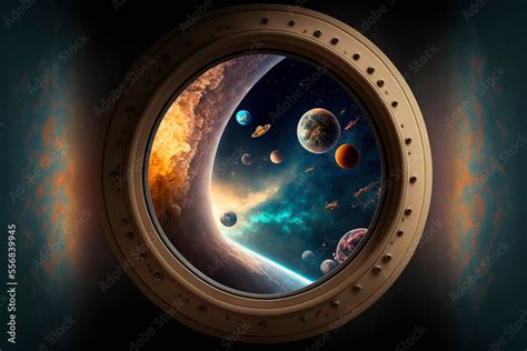 Spaceship window view. Porthole from rocket to dark sky with Earth, stars, planets. Shuttle with ...