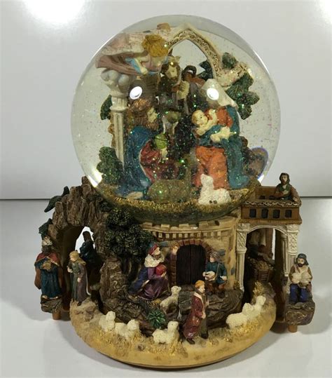 Vintage Christmas Nativity Scene Snow Globe Music Box Plays Noel Large ...