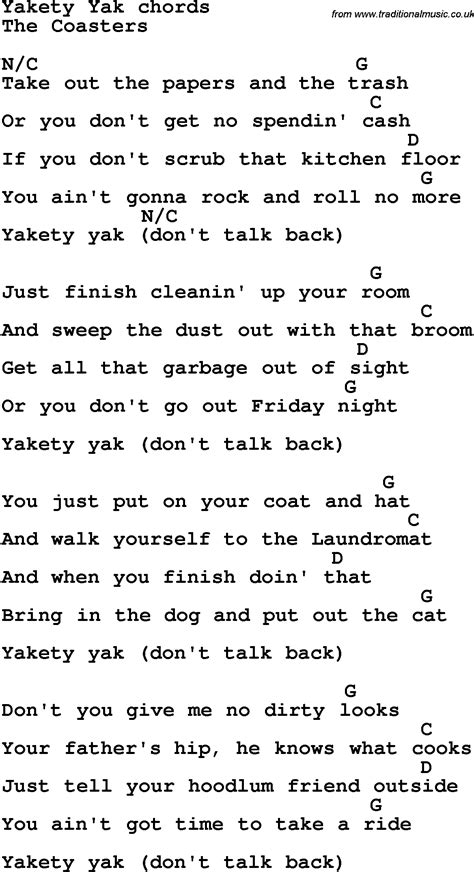 Song lyrics with guitar chords for Yakety Yak