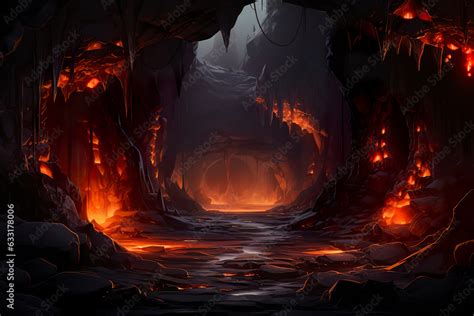 Background environment of 2D abstract lava caves for adventure or battle mobile game. Dark lava ...