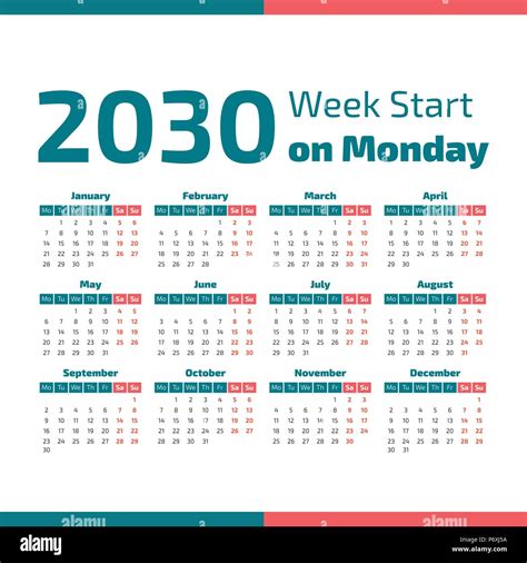 Simple 2030 year calendar, week starts on Monday Stock Vector Image & Art - Alamy