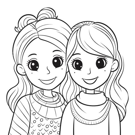 Two Girls Coloring Pages With The Little Sisters Outline Sketch Drawing Vector, Wing Drawing ...