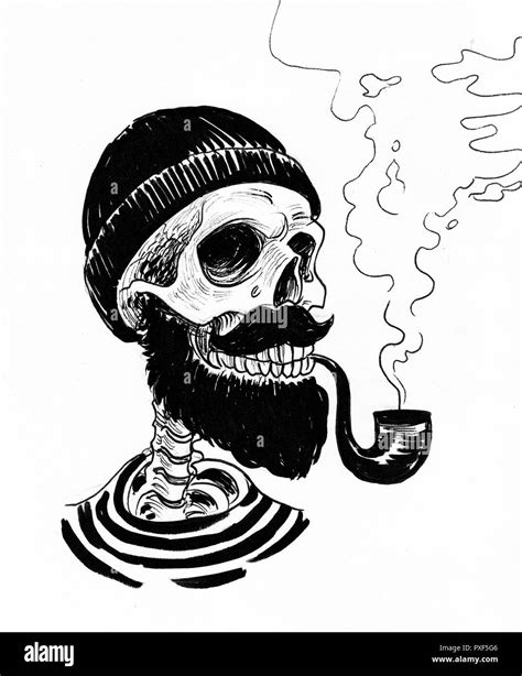 Human skeleton with beard and smoking pipe in fisherman's hat. Ink ...