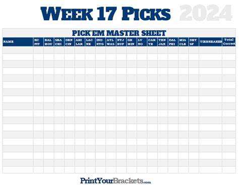 NFL Week 17 Picks Master Sheet Grid - 2024