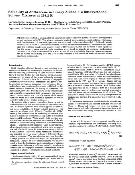 Solubility of Anthracene in Binary Alkane + 2-Butoxyethanol Solvent ...