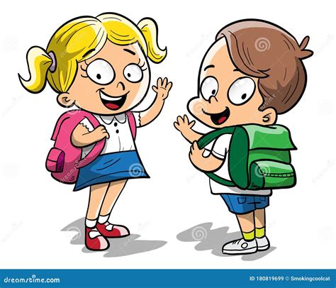 Two Little Happy Kids Going To School Stock Illustration - Illustration ...