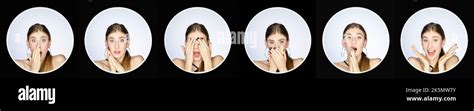 Surprised face collage. Emotion collection. Portrait panorama. Shocked scared impressed woman ...