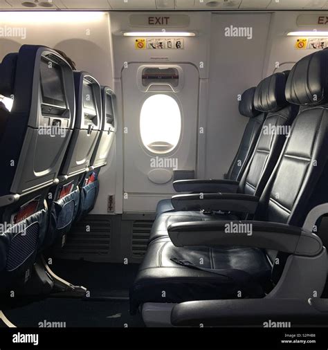 MILWAUKEE, WI, MAY 2019: view of empty seats in exit row on a Delta Airlines Boeing 737-900ER ...