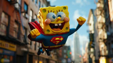 4k HD Wallpaper: SpongeBob in Superman Costume Flying Over City