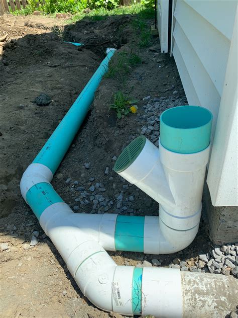 Installation of an underground drainage system to divert roof rainwater. Draining water from ...