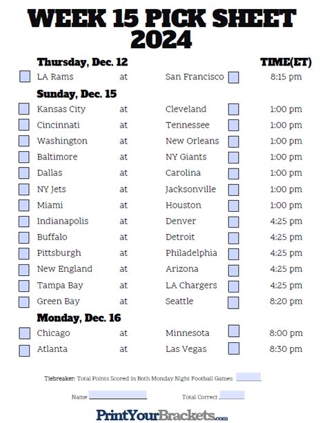 Fillable Week 15 NFL Pick'em Sheet - 2024