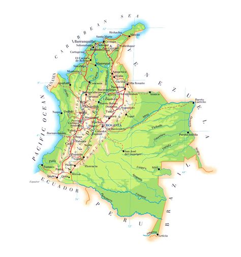 Elevation map of Colombia with roads, cities and airports | Vidiani.com | Maps of all countries ...