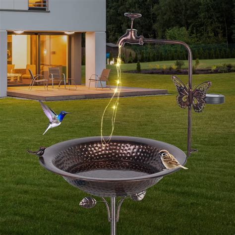 DREAMSOUL 50" Solar Bird Bath with 5 Prongs Base Stake, Faucet Solar ...