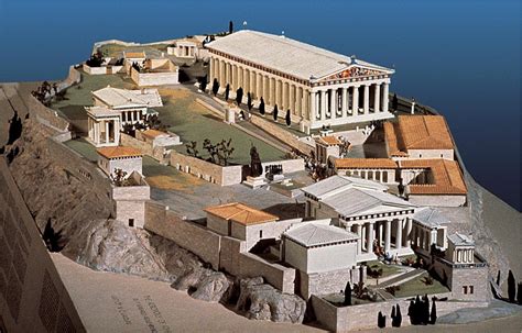 A reconstruction of the Acropolis in Athens, featuring the Parthenon ...