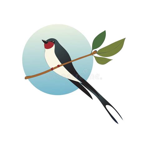 Flat Vector Icon of Martlet Sitting on Branch with Green Leaves in ...