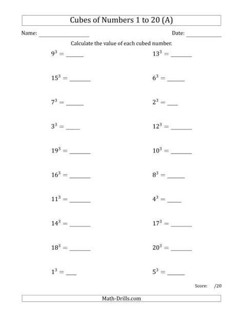 Cubes of Numbers from 1 to 20 (A)