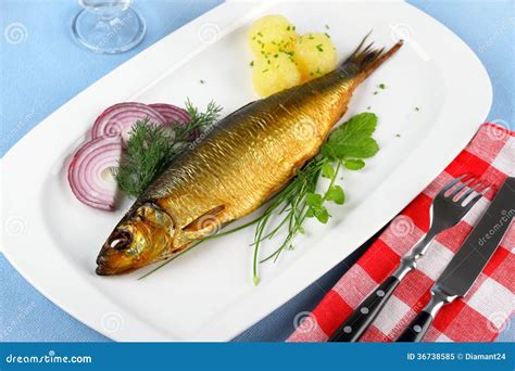 Kippers, Smoked Herring On A White Plate With Garnish Stock Image ...