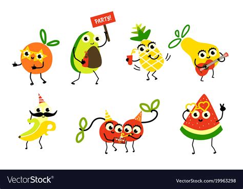 Set of fruit characters having fun birthday party Vector Image